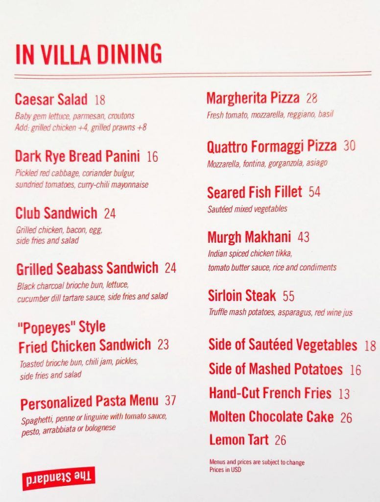 Precios comida habitación The Standard Maldivas